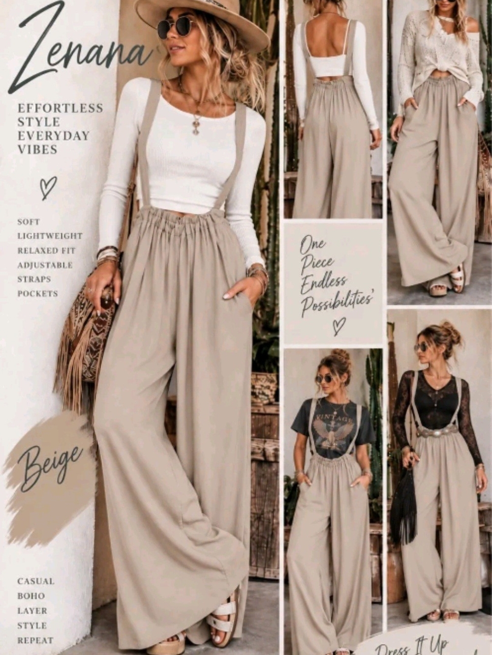 Zenana Outfitters Cream Wide-Leg Jumpsuit with Tie Straps - Picture 7 of 7